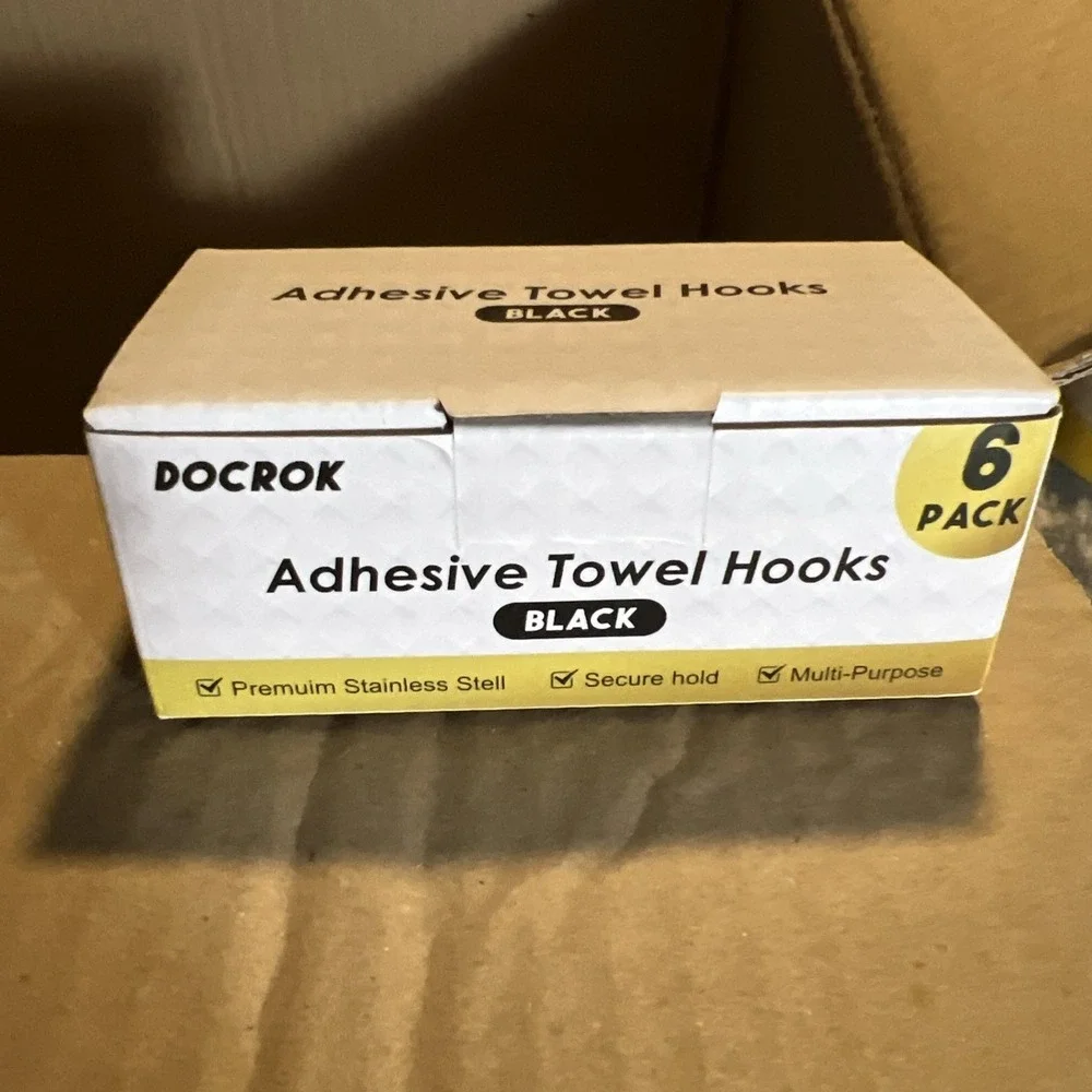 Docrok Adhesive Towel Hooks Unisex OS Black NEW 6 Pack Stainless Steel TH01